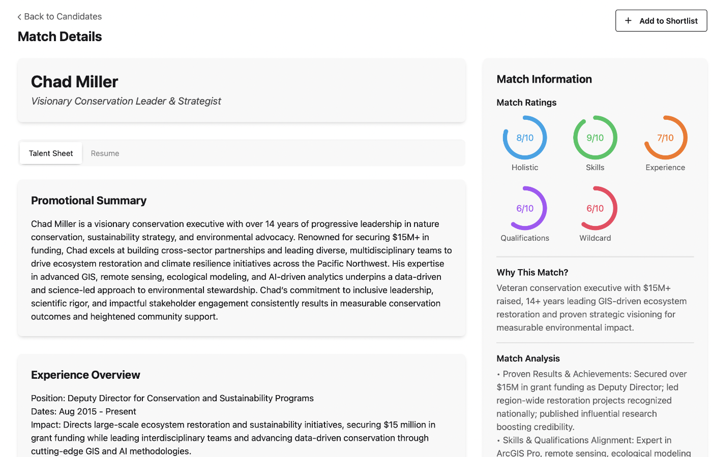 Shortlist building tool interface